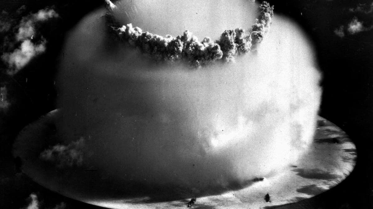 FILE--A huge mushroom cloud rises above Bikini atoll in the Marshall Islands July 25, 1946 following an atomic test blast, part of the U.S. military's "Operation Crossroads." (AP Photo/file)