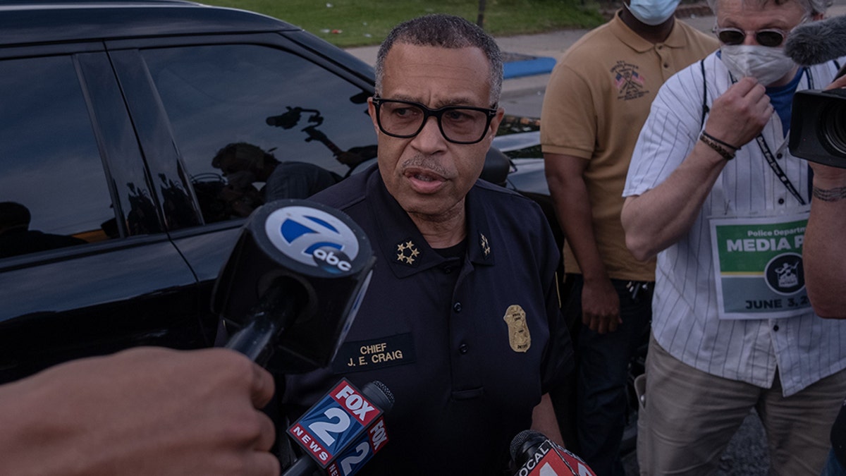 The Chief of Detroit Police James Craig speaks with the press about the protests taking place in Detroit, Michigan, June 3,2020 (Photo by SETH HERALD / AFP) (Photo by SETH HERALD/AFP via Getty Images)