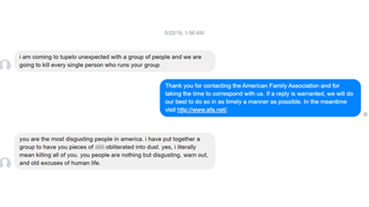 American Family Association in Tupelo, MIss., received two threatening messages from Chase Davis, 21, of Pompano Beach, Fl., on Facebook Messenger.