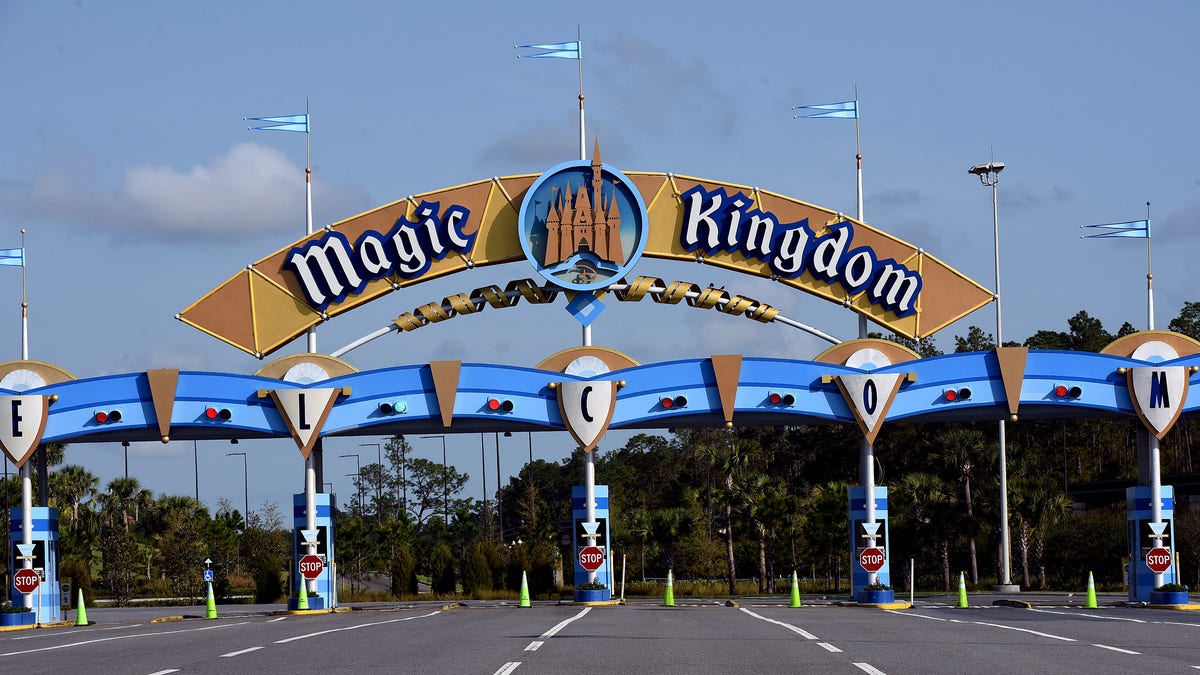 The entrance to the Magic Kingdom at Disney World is seen on the first day of its closure.