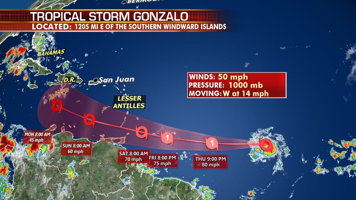 The forecast track of Tropical Storm Gonzalo.