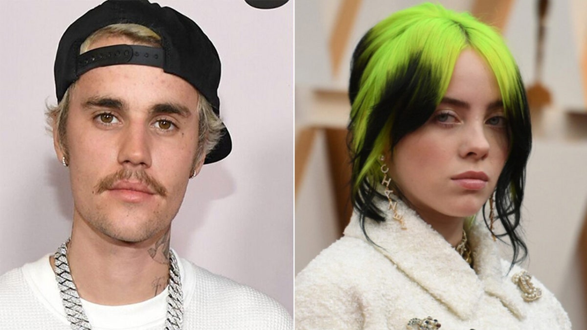 Billie Eilish (right) apparently had a childhood obsession with the music of Justin Bieber (left), which prompted her parents to consider sending her to therapy, according to Eilish's mom. 