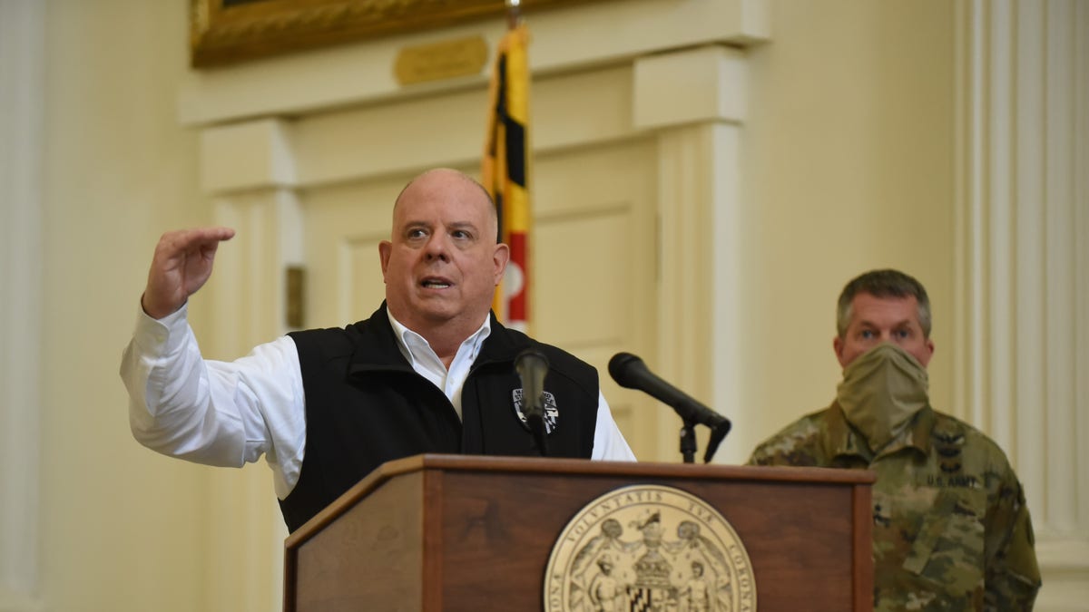 Maryland Gov. Larry Hogan delivers a briefing on the coronavirus pandemic, in Annapolis, Maryland