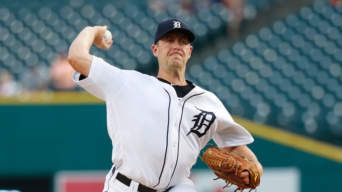 FILE - In this Friday, Sept. 20, 2019 file photo, Detroit Tigers pitcher Jordan Zimmermann throws against the Chicago White Sox in the first inning of a baseball game in Detroit. Detroit Tigers manager Ron Gardenhire said Saturday, July 18, 2020 that right-hander Jordan Zimmermann is going on the 45-day injured list because of a right forearm strain.(AP Photo/Paul Sancya, File)