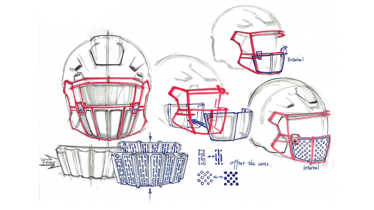 This image provided by Oakley shows sketches of the new face shield designed by Oakley. With NFL training camps set to start at the end of the month, the league believes it is closer to one answer when it comes to player safety in the midst of the coronavirus pandemic. Face shields for the players' helmets. (Oakley via AP)