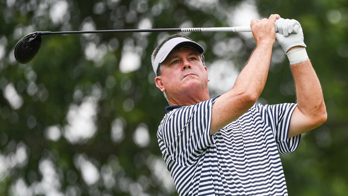 Paul Goydos watches his shot on the fourth tee during the second round of the PGA TOUR Champions Bridgestone SENIOR PLAYERS Championship at Firestone Country Club on July 12, 2019 in Akron, Ohio. (Photo by Ben Jared/PGA TOUR via Getty Images)