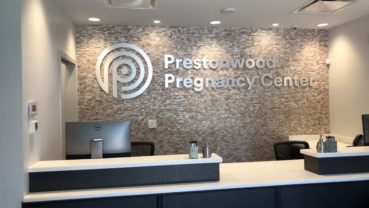 The reception desk at the Prestonwood Pregnancy Center in Dallas, Texas.
