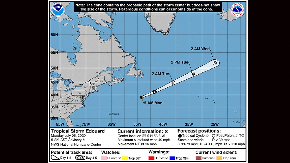 The forecast track of Tropical Storm Edouard.