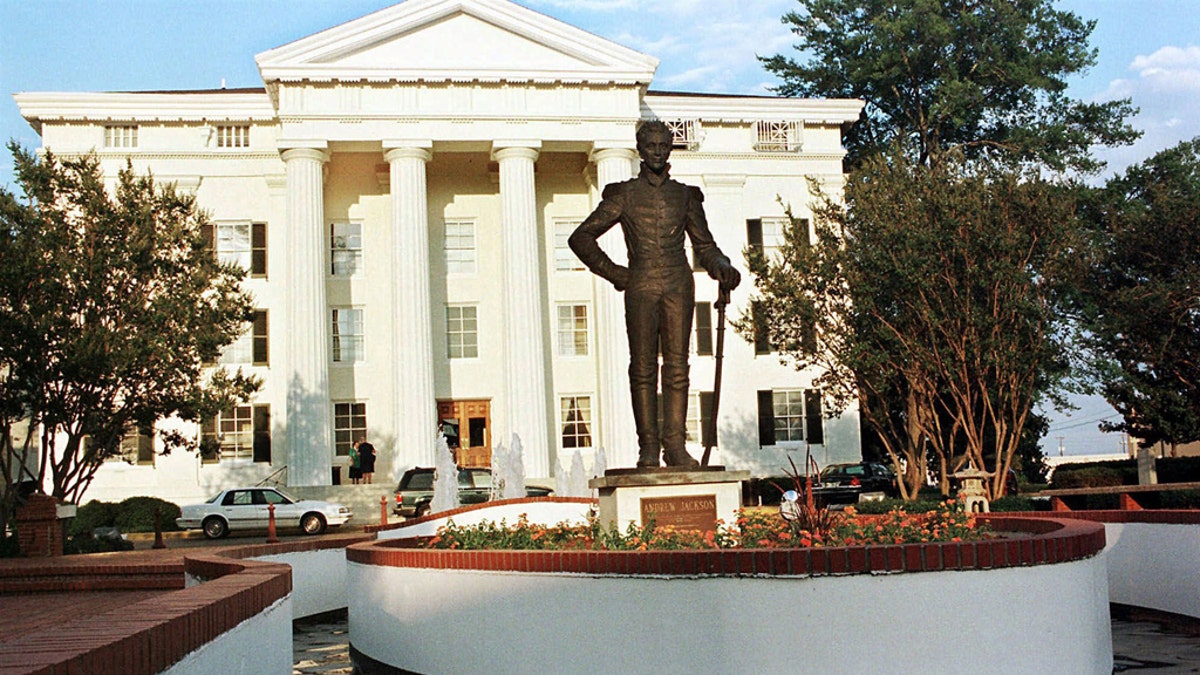 This June 10, 1999, file photograph shows the bronze statue of Andrew Jackson in front of Jackson, Miss., City Hall. The City Council voted 5-1, Tuesday, July 7, 2020, to relocate the bronze figure in a less prominent spot. 