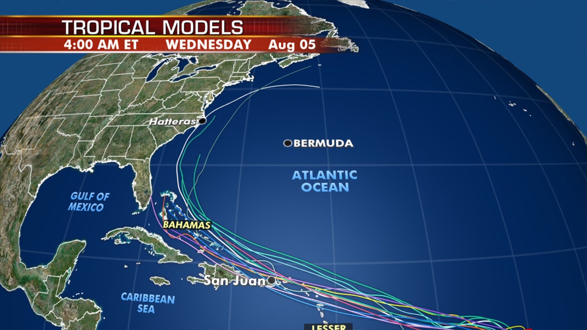 Computer models depicting the path of the next possible tropical system.