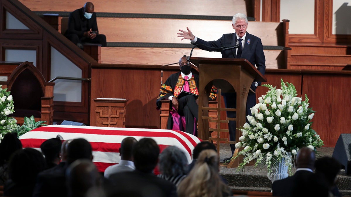 Former President Bill Clinton speaks during the funeral service for the late Rep. John Lewis, D-Ga., at Ebenezer Baptist Church in Atlanta, Thursday, July 30, 2020. (Alyssa Pointer/Atlanta Journal-Constitution via AP, Pool)