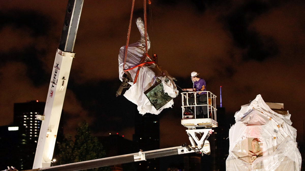 Christopher Columbus statue being removed from the Grant Park in Chicago, Illinois, July 24, 2020