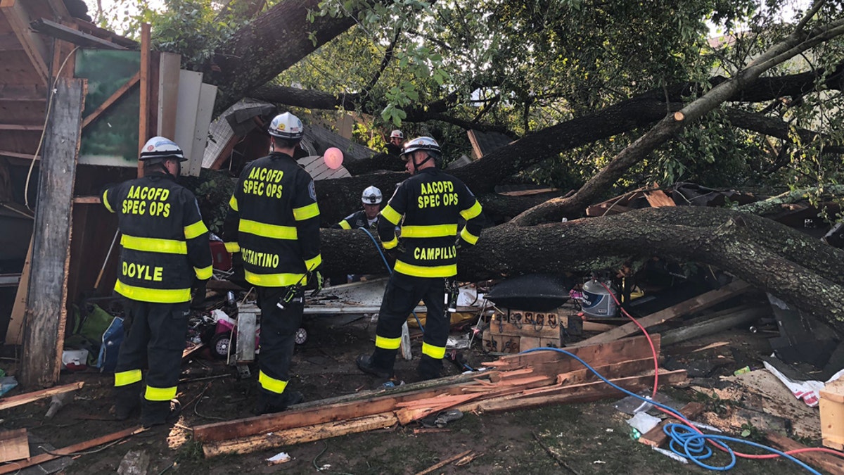 A total of 19 people were sent to area hospitals on July 5, 2020, after a large tree toppled onto a detached garage in a Maryland neighborhood where people attending a child's birthday party sought shelter from a severe thunderstorm.