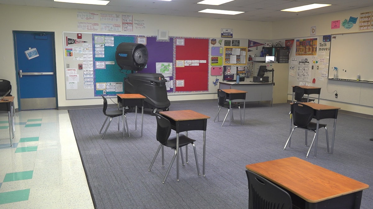 The company says the fans take about 5 to 8 minutes to fully spray a room, once it's aired out it is perfectly safe for students to enter. Schools in Washington, Florida, and California are also interested in using them to disinfect. (Stephanie Bennett/ Fox News).