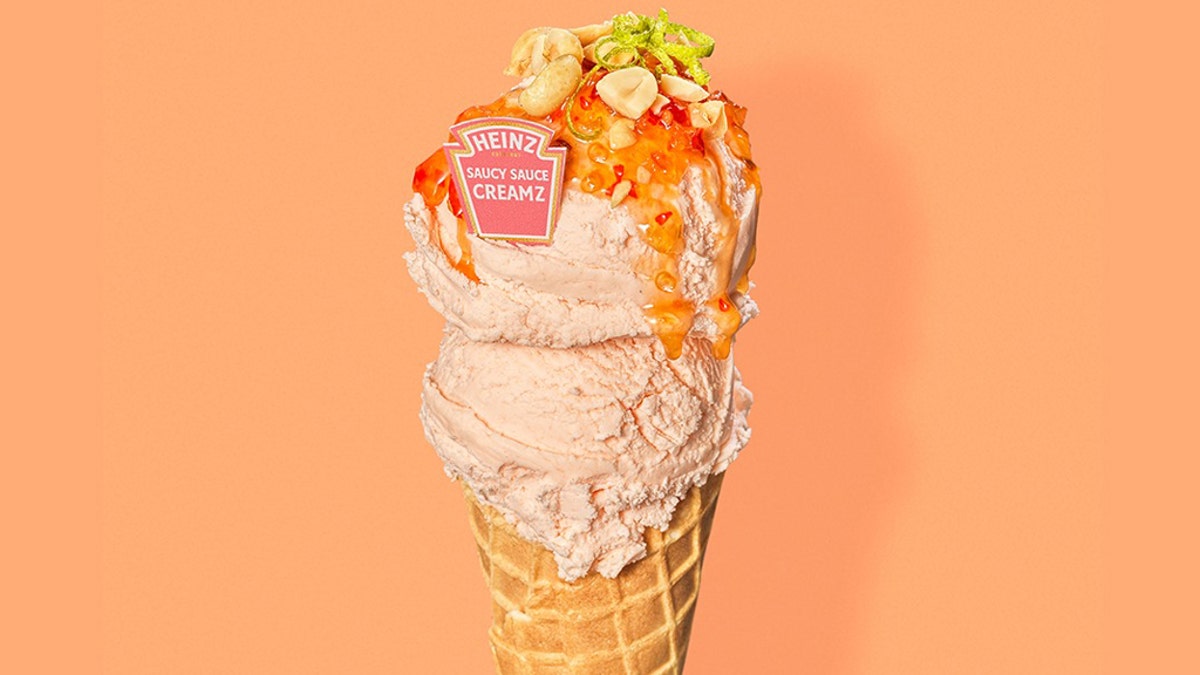 Toppings for the ice cream apparently include what appears to be chopped peanuts and possibly chili oil drizzle.