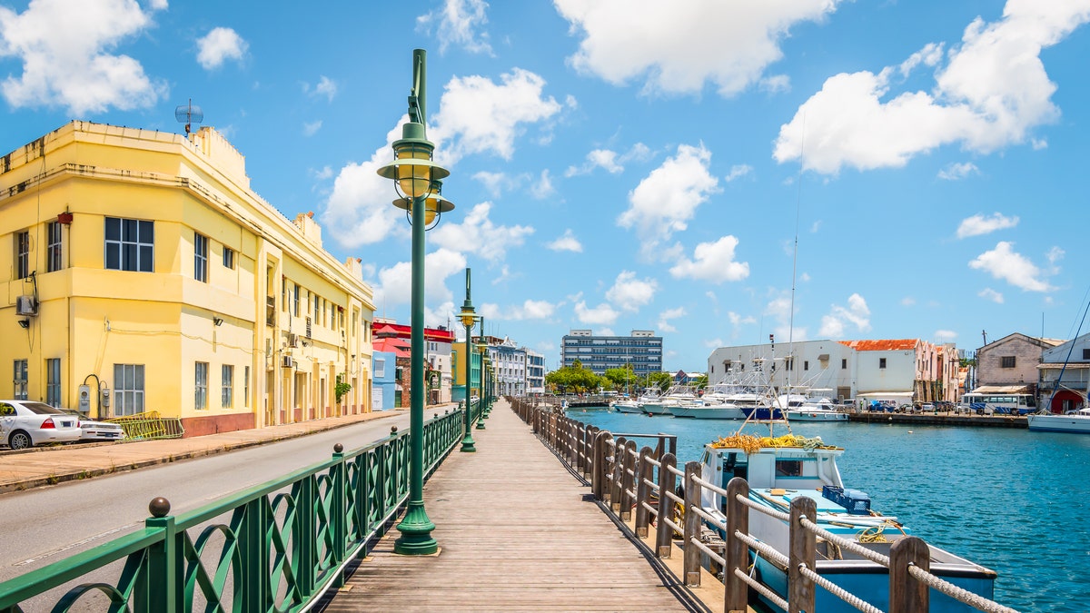 A wooden promenade at the waterfront of Bridgetown in Barbados.