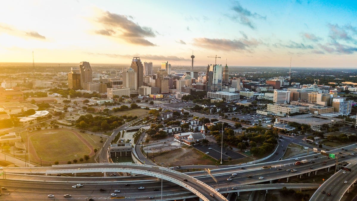 The whole city of San Antonio taken from a drone while its sunrise