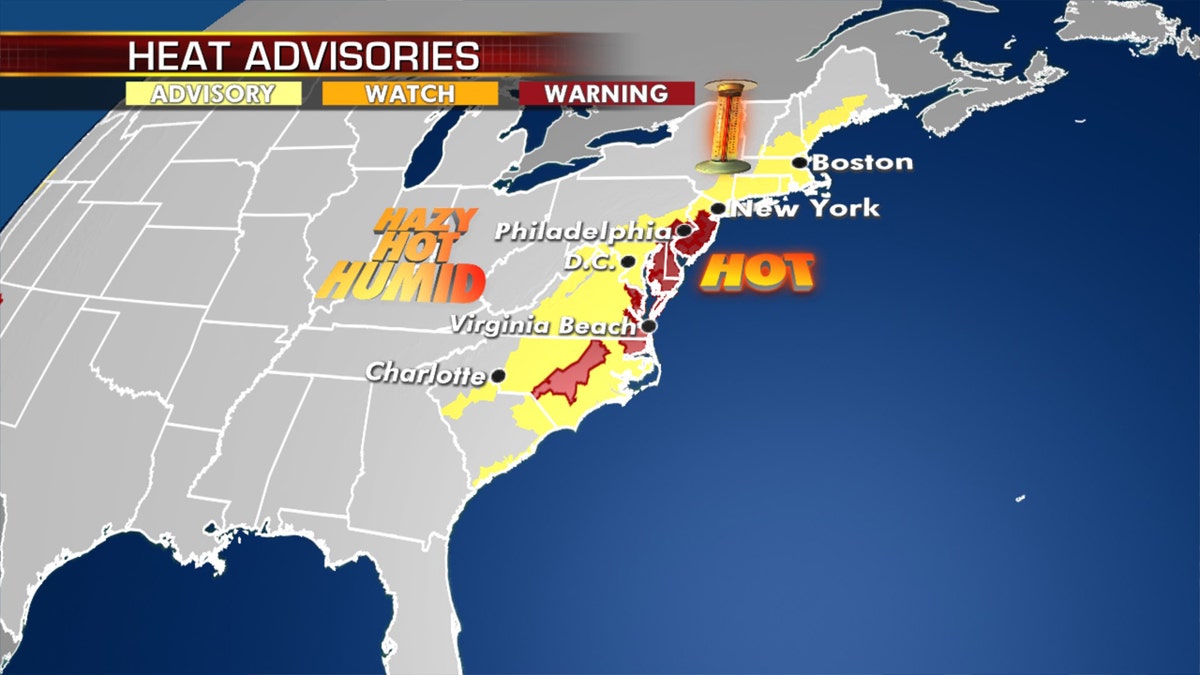 Heat advisories and excessive heat warnings stretch from North Carolina to New England on Monday, July 20, 2020.