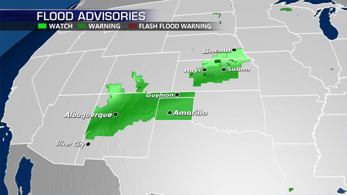 Flood advisories and warnings stretch from the Southwest to the Central Plains.