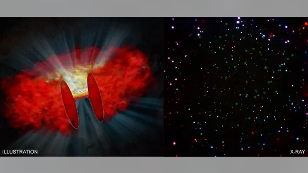 Left: An illustration shows what a shrouded black hole might look like. Right: An image of the Chandra Deep Field-South (CDF-S) highlights where the new cocooned black holes were detected. (Image: © Credit: X-ray: NASA/CXC/Penn State/B.Luo et al; Illustration: NASA/CXC/M. Weiss)