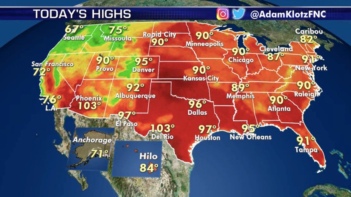 Hot weather reigns across much of the nation's midsection on Thursday.