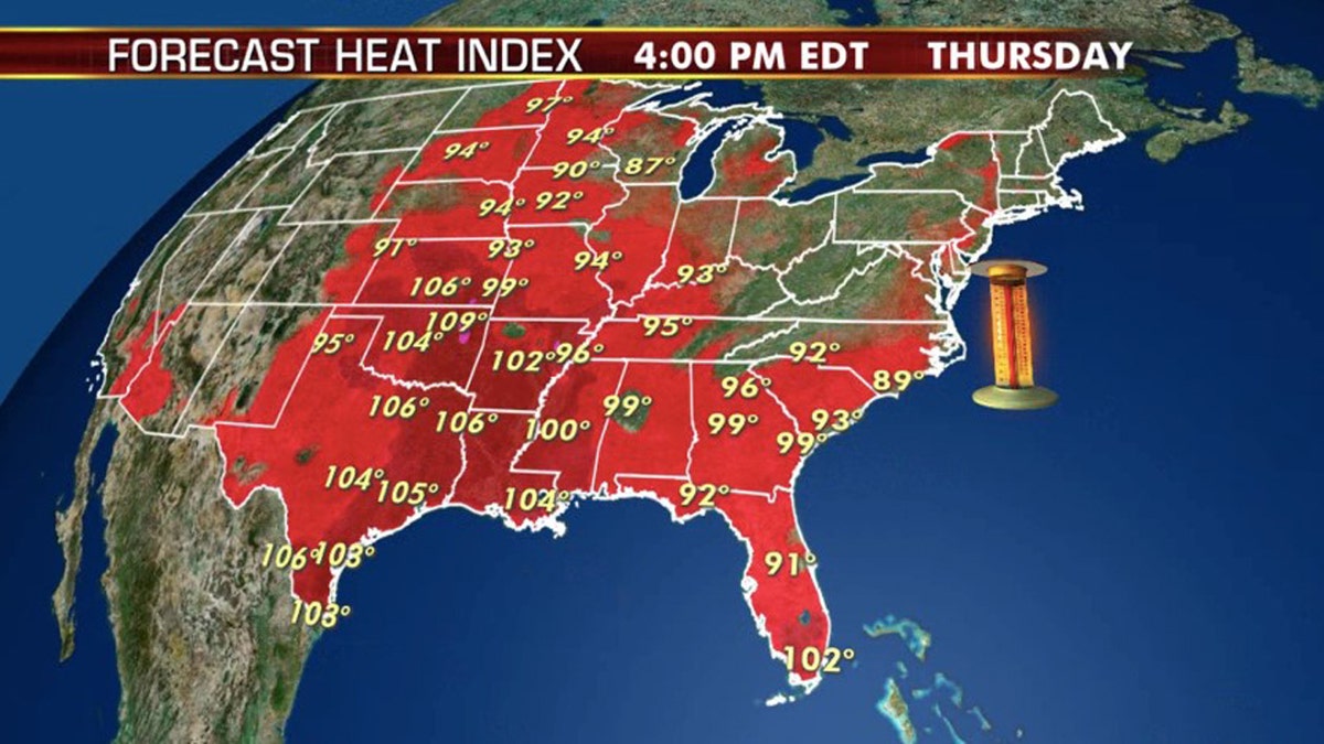 Dangerous heat is forecast on Thursday across much of the nation's midsection.