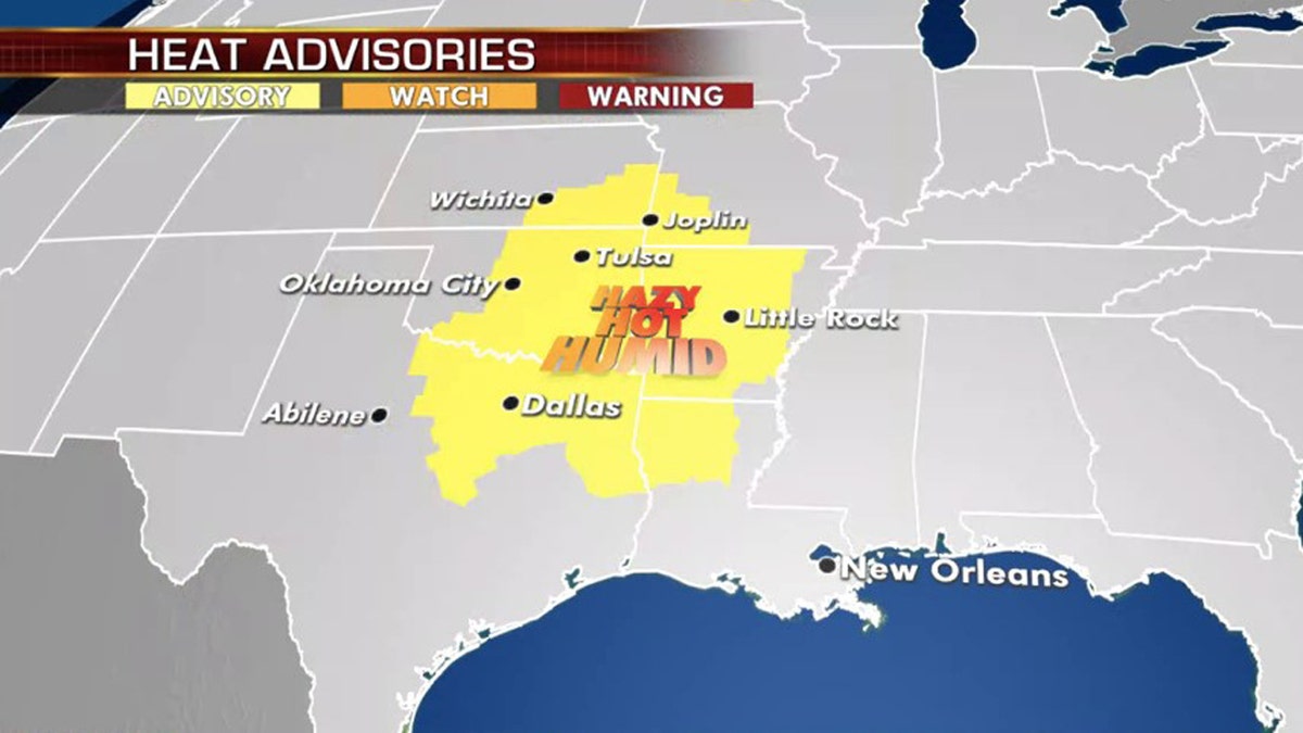 Heat advisories stretch across the Central and Southern Plains on Thursday.