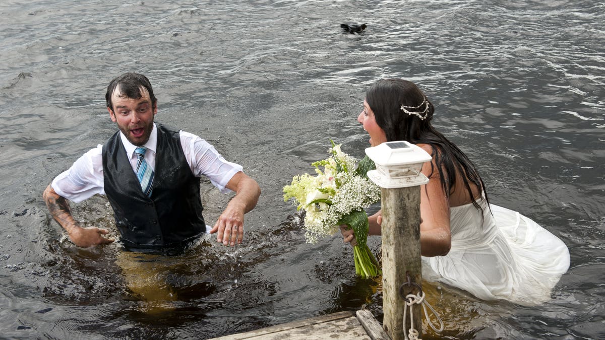 Moments later, the Vancouver Island woman emerged from the water – to discover that her new husband had tumbled in with her.