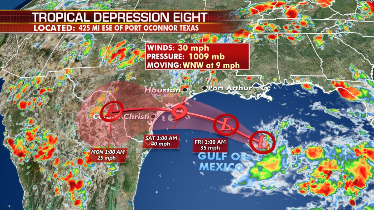 The forecast track of Tropical Depression 8, forecast to become Tropical Storm Hanna.