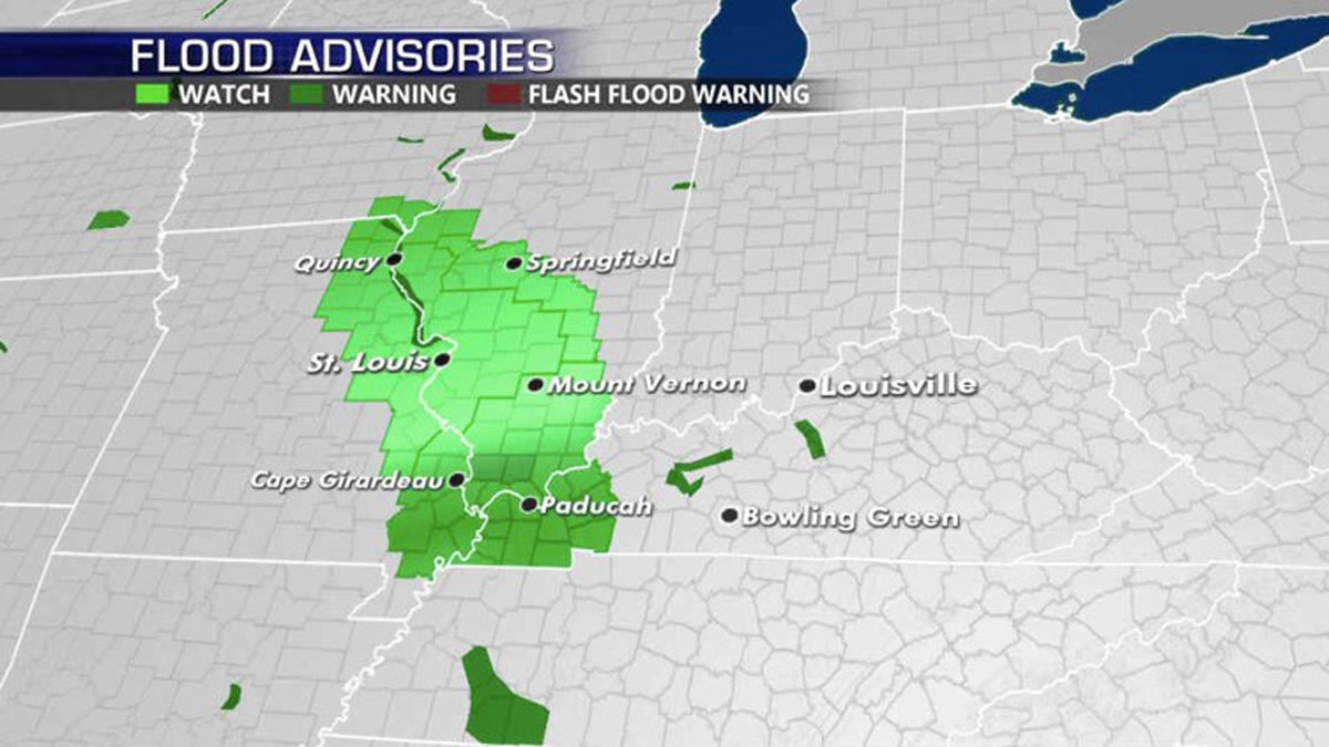 Flood advisories stretch across the mid-Mississippi River valley on Tuesday.