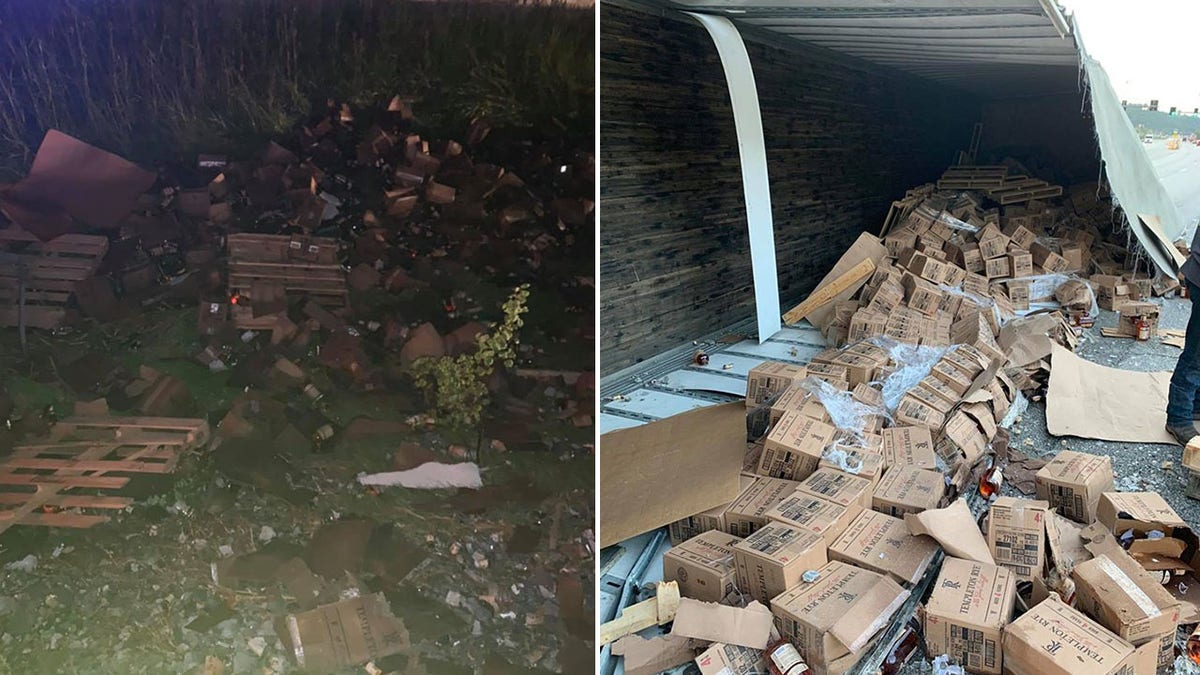 Broken bottles of whiskey lay across the highway and scattered into a nearby ditch.