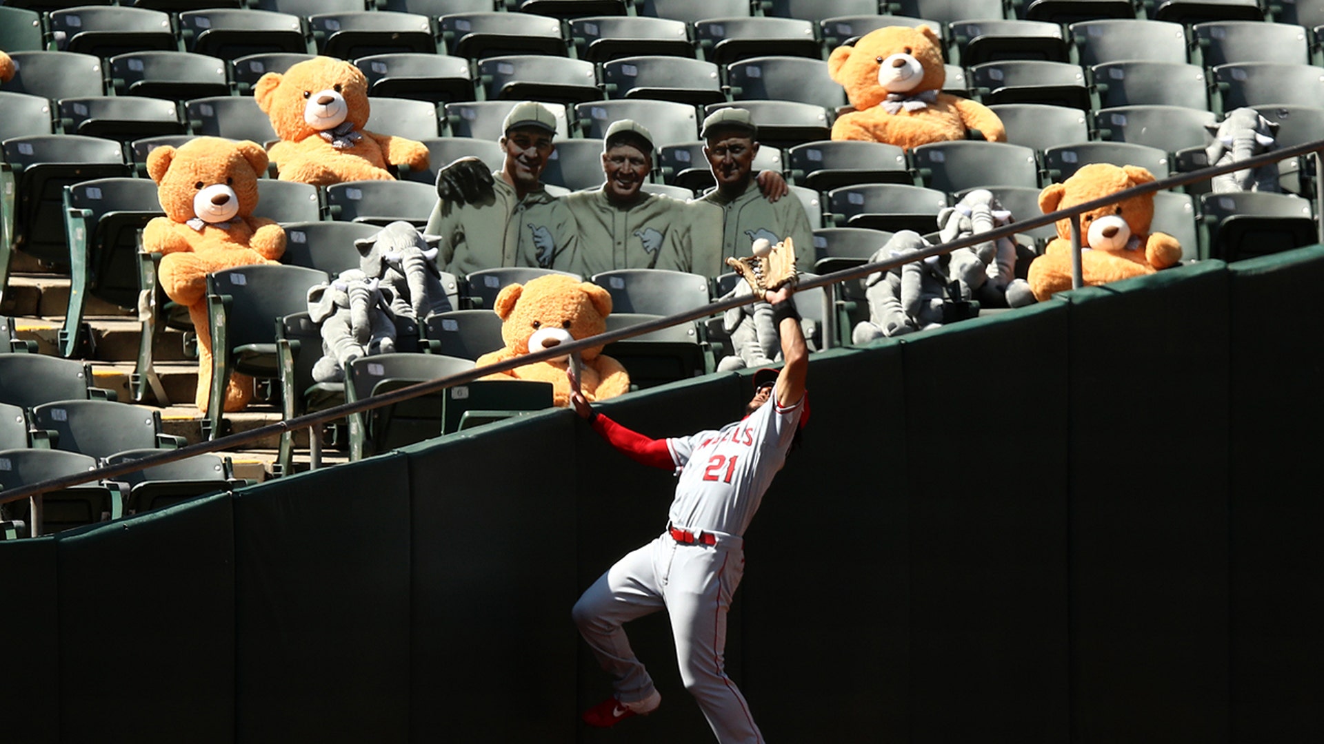 Los Angeles Angels' Michael Hermosillo catches a fly ball hit by Oakland Athletics Robbie Grossman for the final out of their game in Oakland, July 25, 2020.