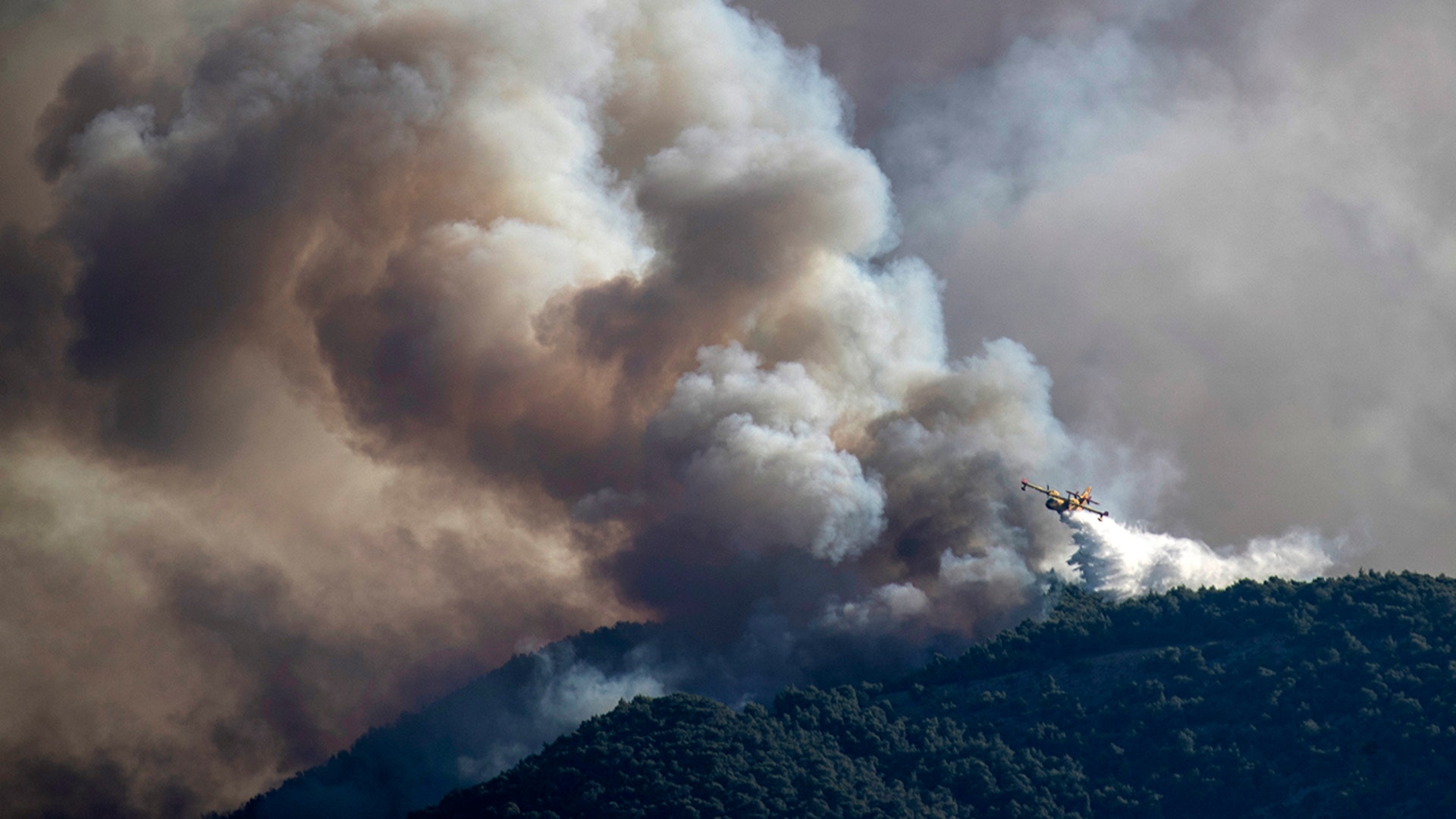 A firefighting plane drops water on a hillside near the seaside area of Kechries, Greece, July 22, 2020. 