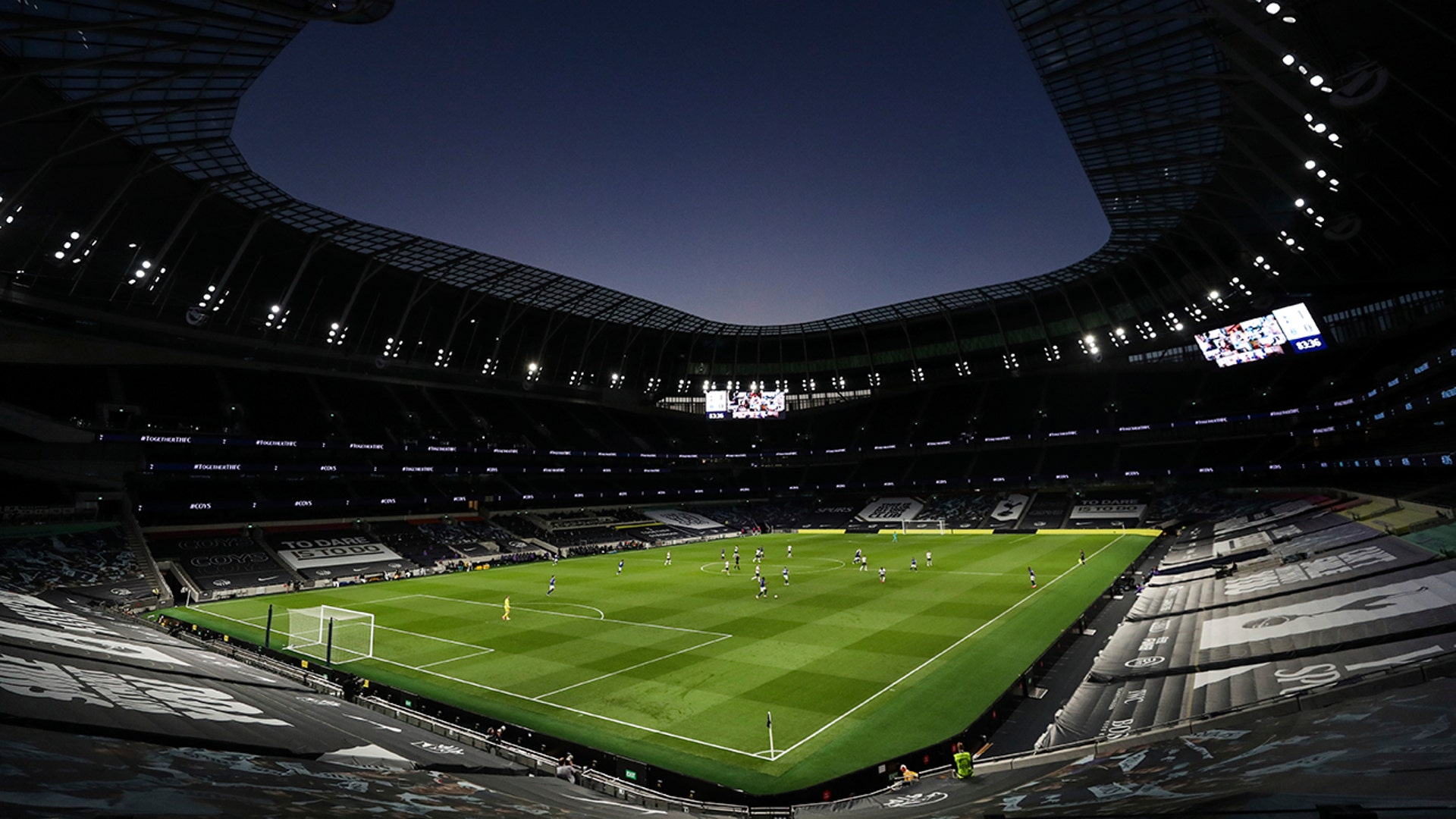 Tottenham Hotspur and Everton FC play during their English Premier League soccer match at the Tottenham Hotspur Stadium in London, July 6, 2020. 