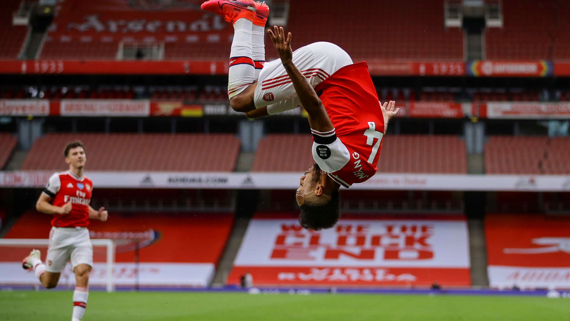 Arsenal's Pierre-Emerick Aubameyang celebrates after scoring his third goal during their English Premier League soccer match against Norwich City in London, July 1, 2020.