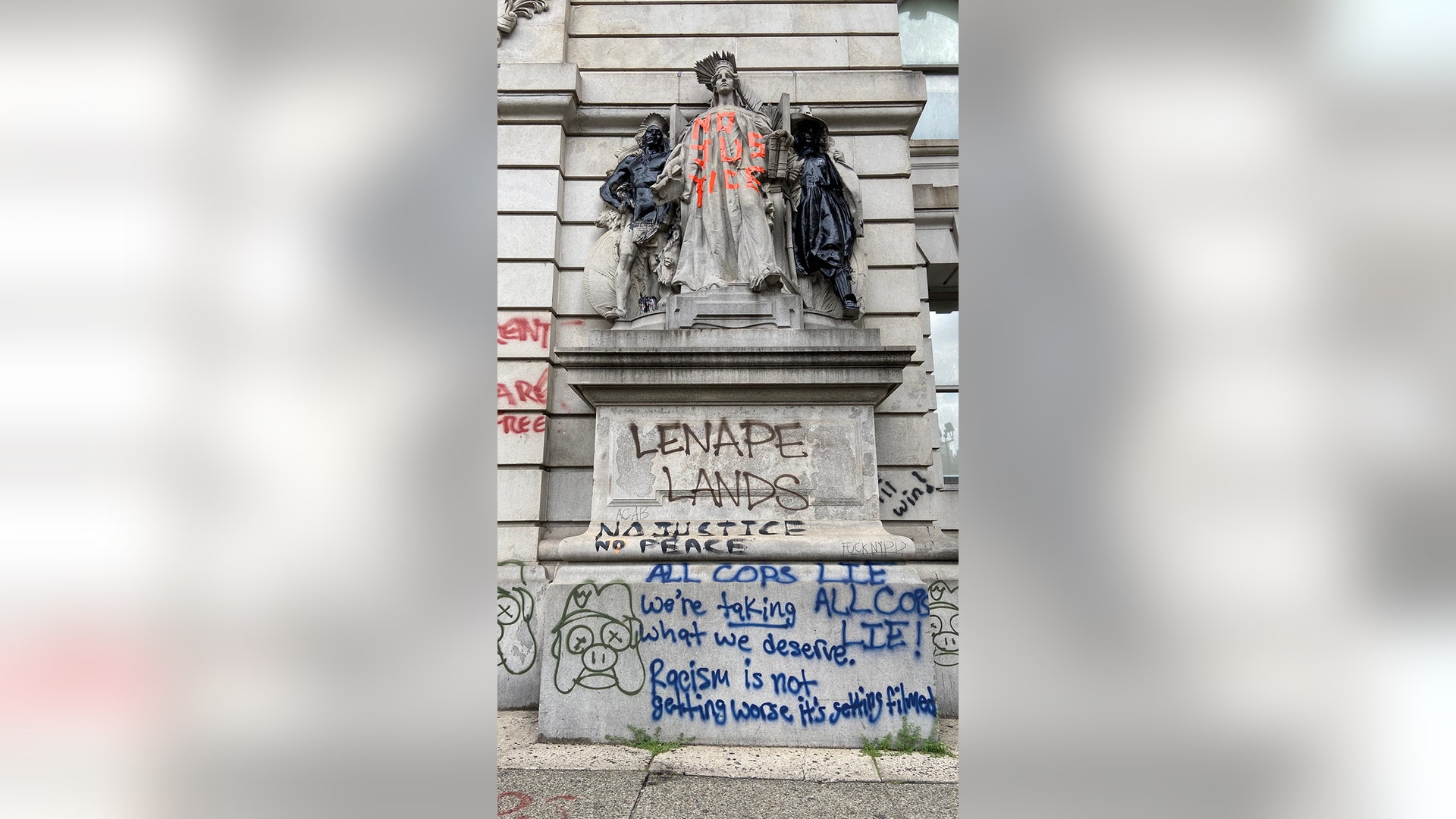 New York City Council Tuesday night's vote included $837 million in budget cuts to the NYPD.Many demonstrators say the budget changes weren't enough, and some plan on staying camped outside City Hall indefinitely. Pictured, a graffiti-covered court building at 31 Chambers St.
