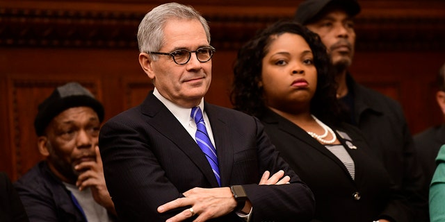 Philadelphia District Attorney Larry Krasner reacts while being mentioned by Danielle Outlaw at a press conference announcing her as the new Police Commissioner on December 30, 2019 in Philadelphia, Pennsylvania. (Photo by Mark Makela/Getty Images)