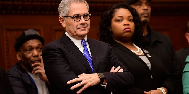 Philadelphia District Attorney Larry Krasner reacts while being mentioned by Danielle Outlaw at a press conference announcing her as the new Police Commissioner on December 30, 2019 in Philadelphia, Pennsylvania. (Photo by Mark Makela/Getty Images)