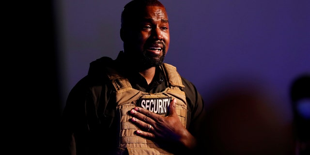 Rapper Kanye West gets emotional as he holds his first rally in support of his presidential bid in North Charleston, S.C., on July 19, 2020.