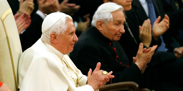 Pope Benedict XVI and his brother Georg Ratzinger, right, attend a concert by the Symphonic Orchestra Bayerischer Rundfunk and the Bamberger Symphoniker at the Paul VI Hall at the Vatican Oct. 27, 2007.