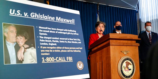 Audrey Strauss, acting U.S. Attorney for the Southern District of New York, speaks alongside William F. Sweeney Jr., assistant director-in-charge of the New York Office of the FBI, and New York City Police Commissioner Dermot Shea, right, during a news conference to announce charges against Ghislaine Maxwell for her alleged role in the sexual exploitation and abuse of multiple minor girls by Jeffrey Epstein, Thursday, July 2, 2020, in New York. (AP Photo/John Minchillo)