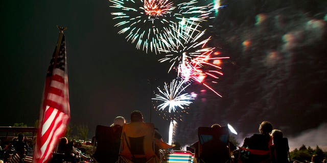 In this July 4, 2013, file photo, people watch as fireworks explode overhead during the Fourth of July celebration at Pioneer Park in Prescott, Ariz. For many Americans, the Fourth of July won't be about big festivities but setting off fireworks themselves. (AP Photo/Julie Jacobson, File)