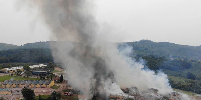 Smoke billows from a fire following an explosion at a fireworks factory outside the town of Hendek, Sakarya province, northwestern Turkey, Friday July 3, 2020.
