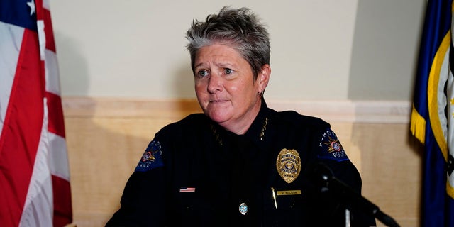 Aurora Police Department Interim Chief Vanessa Wilson addresses reporters July 3, 2020, in Aurora, Colo. (Associated Press)