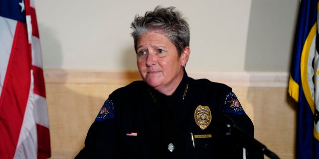 Aurora Police Department Interim Chief Vanessa Wilson addresses reporters July 3, 2020, in Aurora, Colo. (Associated Press)