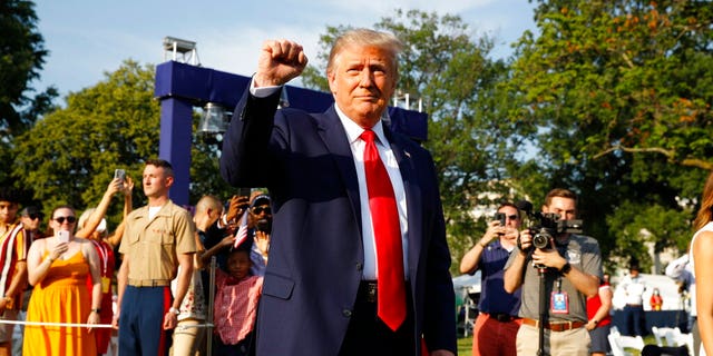 President Donald Trump arrives at a "Salute to America" event on the South Lawn of the White House, July 4, 2020. (AP Photo/Patrick Semansky)