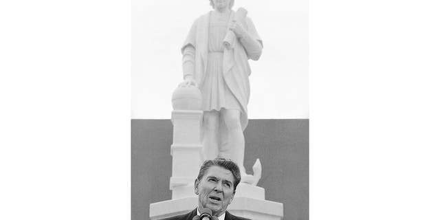 Former President Ronald Reagan addresses a ceremony in Baltimore, to unveil a statue of Christopher Columbus, Oct. 9, 1984. (Associated Press)