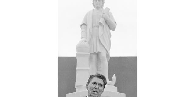 Former President Ronald Reagan addresses a ceremony in Baltimore, to unveil a statue of Christopher Columbus, Oct. 9, 1984. (Associated Press)