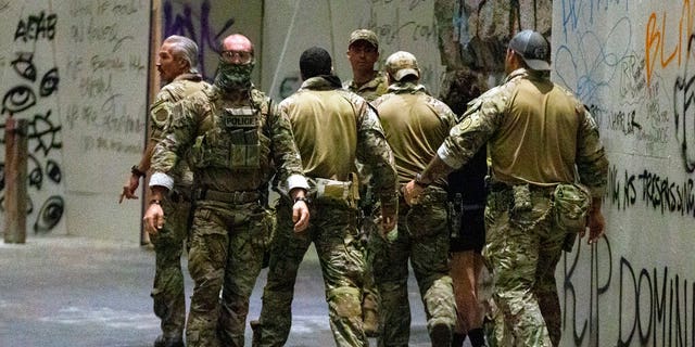 In this Friday, July 10, 2020, file photo, federal officers pull a protester into the Federal Courthouse as protesters gather in downtown Portland, Ore.