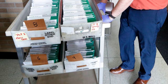 File - in this may 5, 2020, file photo, jordan smellie moves absentee ballots to be counted at city hall in garden city, mich. . (ap photo/paul sancya, file)